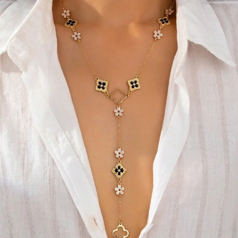 Yellow Gold Sexy Women's Lucky 5-Petal Flower Y-Shaped Long Necklace